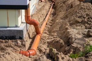 underground drainage pipe installation next to residential building foundation during construction