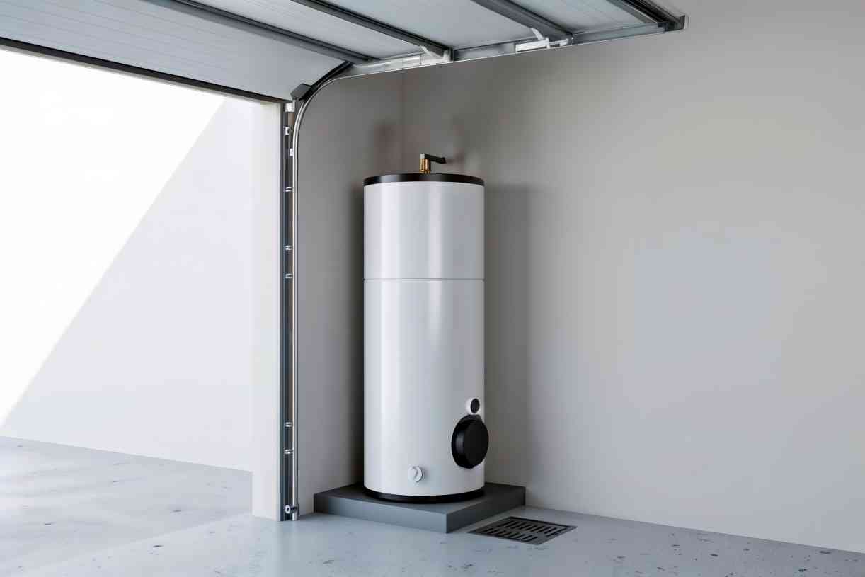 A large white cylindrical water heater tank installed on a raised platform in a modern garage, next to an open garage door with natural light coming in.