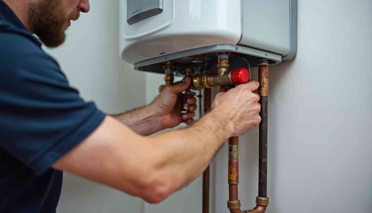 Bearded man installs new electric water heater at home. Technician connects copper pipes, brass fittings to modern unit. Plumber fixes home heating appliance. Expert provides repair service