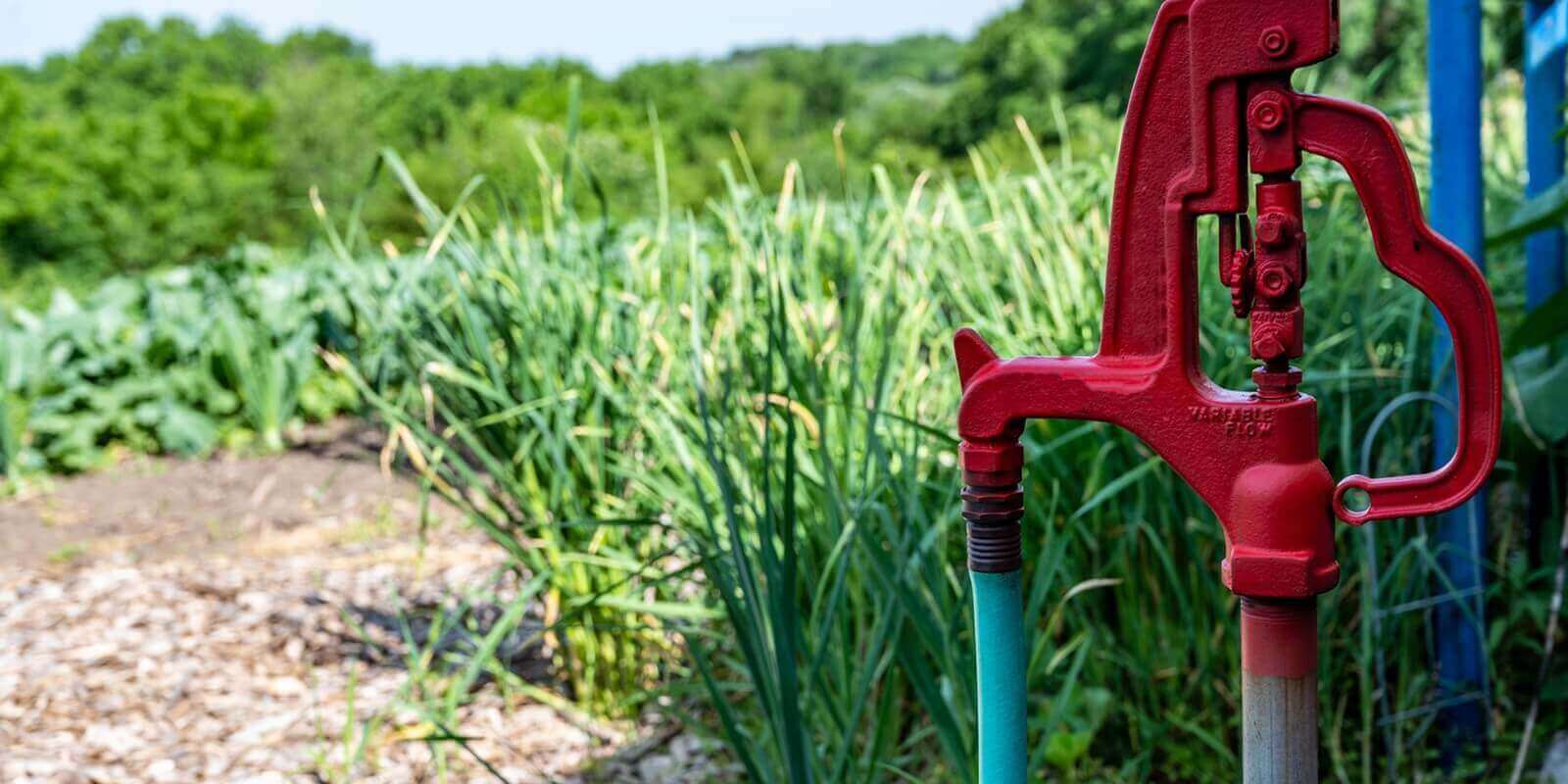 old style mechanical self draining hydrant in blurred rural garden setting
