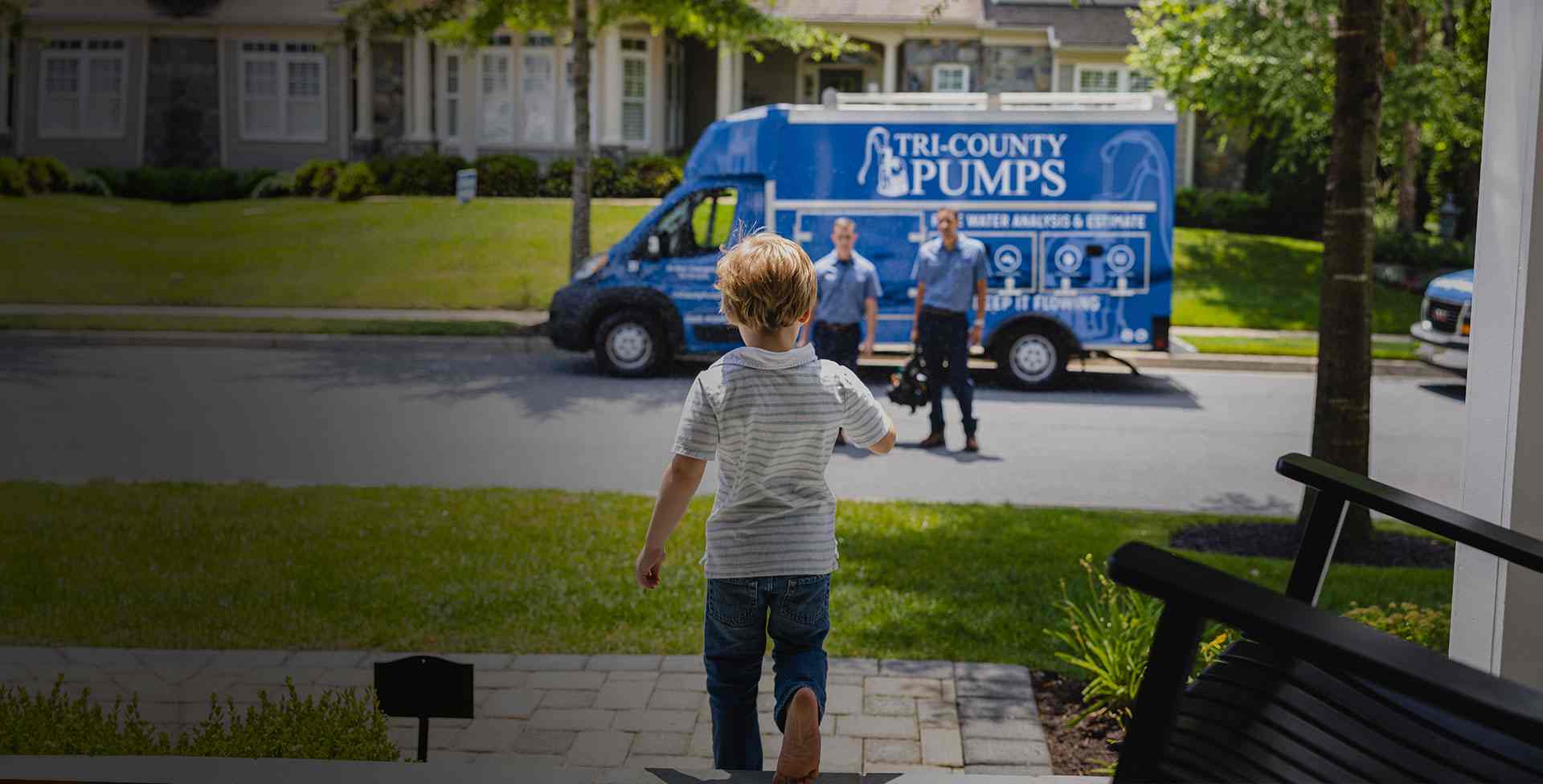 tri-county pumps arriving in a boonsboro neighborhood to help a family with well pump issues
