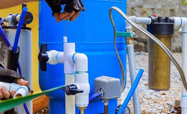 assembly of connection service for water well to house water system by plumber