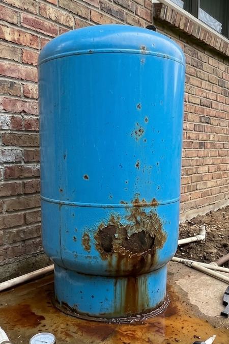 broken and leaking water pressure tank leaning against a house
