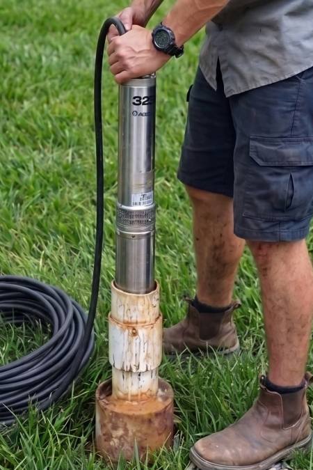 plumber inspecting a new submersible well pump