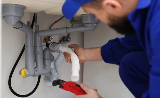 plumber with wrench fixing piping system indoors