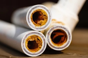 broken sludge plumbing polypropylene pipes with red rust and limescale