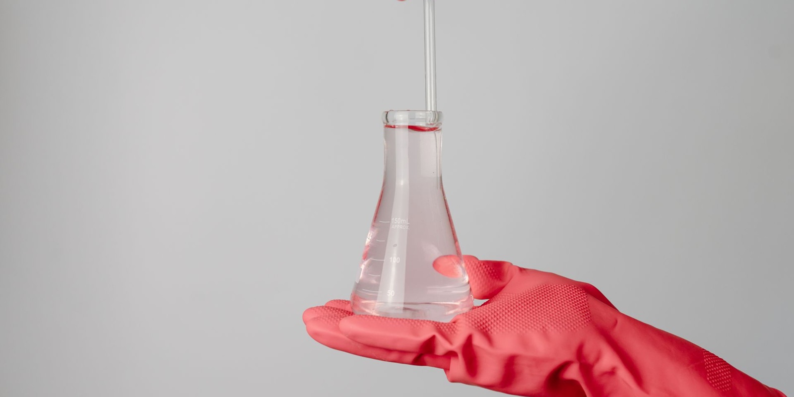 laboratory scene showing red-gloved hands holding a flask with clear liquid