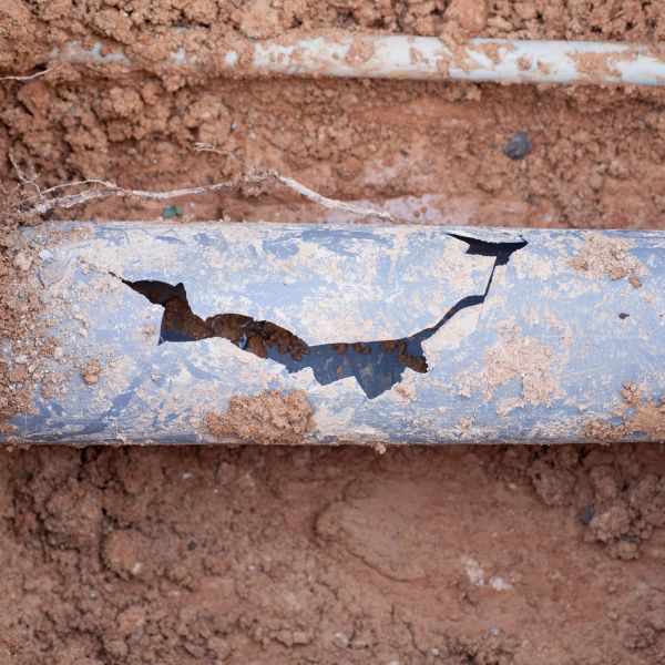 broken pipe buried in the ground with a stress fracture