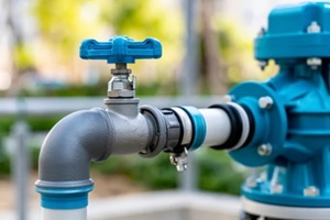close-up of a high-pressure automatic water pump installation for deep water suction from a well or pond