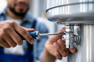 faceless technician hands using screwdriver to repair electric water heater in utility room