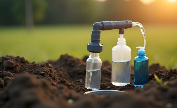 high resolution image of ground water quality sampling using monitoring well sample pump and sterile bottles in rural field site