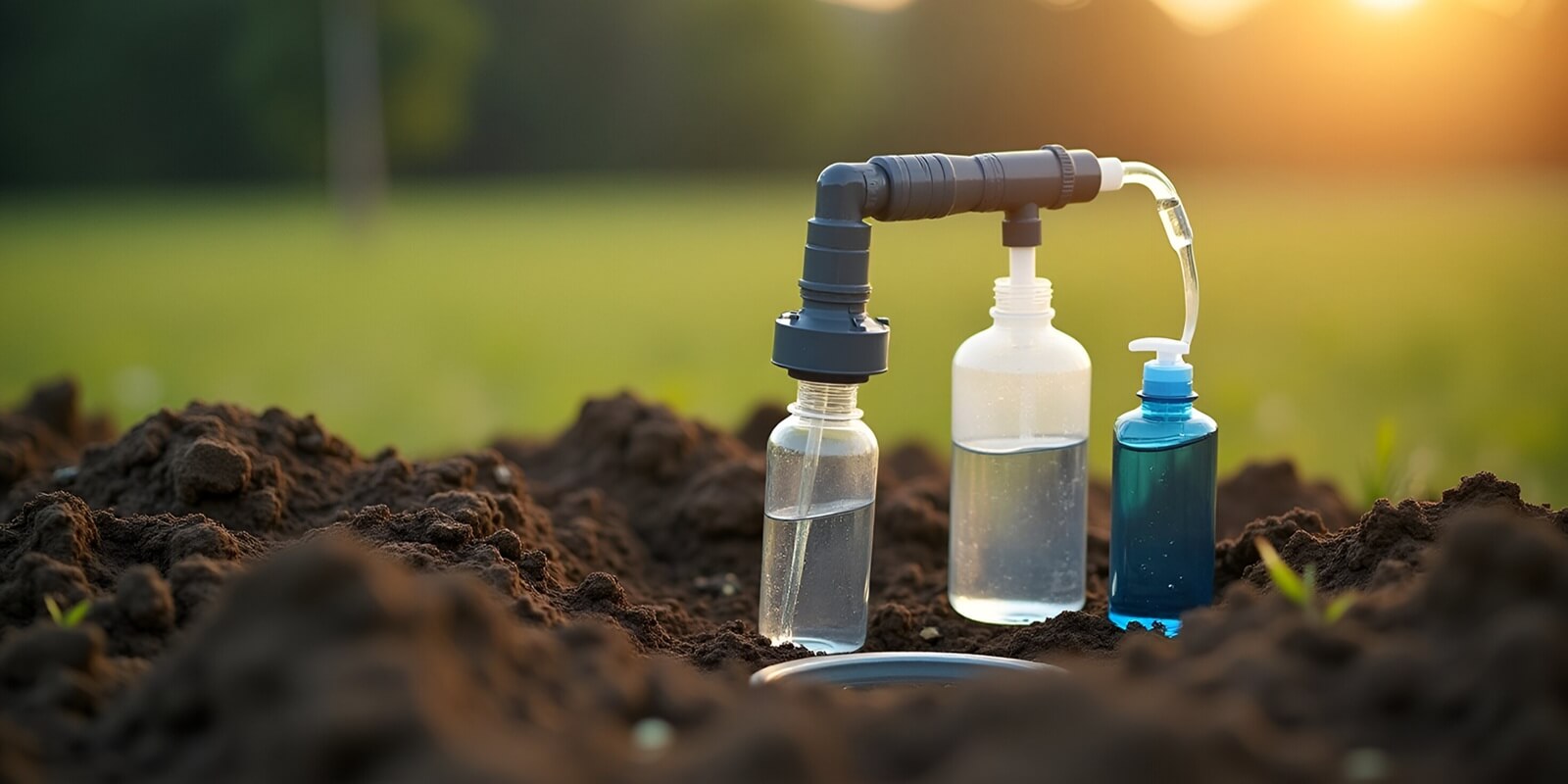 high resolution image of ground water quality sampling using monitoring well sample pump and sterile bottles in rural field site