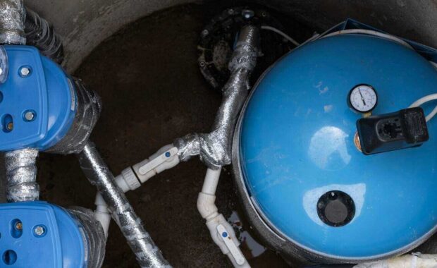 hydropneumatic tank, filtration equipment, plumbing lines, pump