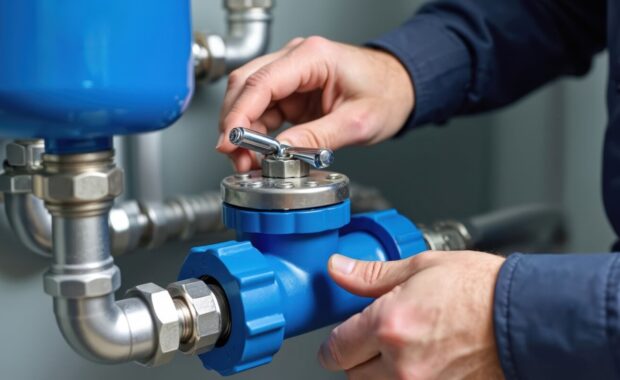 plumber adjusts blue water softener valve system with shiny metal pipes