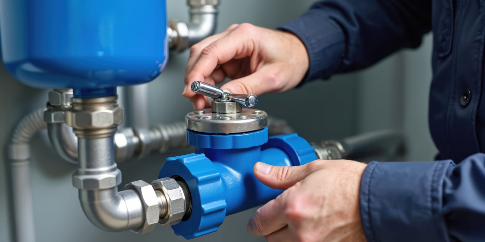 plumber adjusts blue water softener valve system with shiny metal pipes