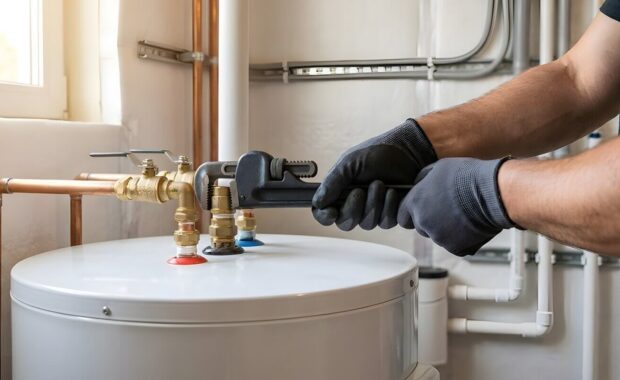 professional water heater repair technician using adjustable pipe wrench during electric water heater installation