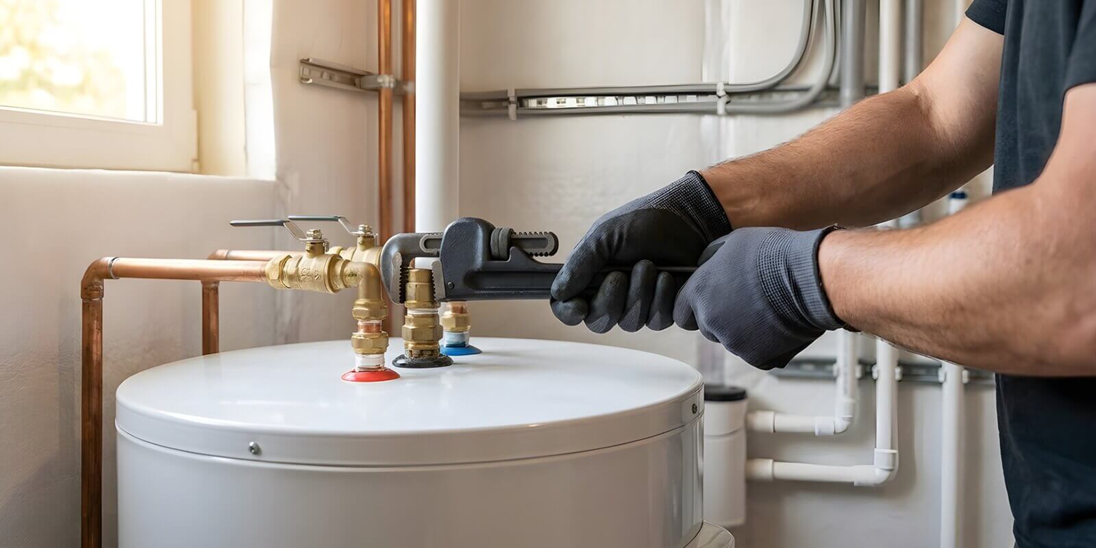 professional water heater repair technician using adjustable pipe wrench during electric water heater installation