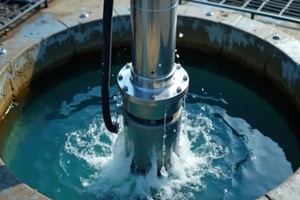 steel submersible pump operates in clear water well