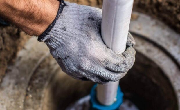 technician hand installing vertical sump pump pipe into basin for emergency repair and drainage