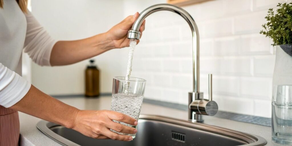 close-up of hand pouring clean water in kitchen
