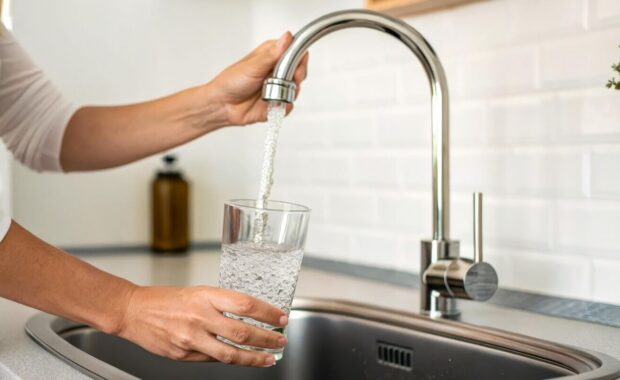 close-up of hand pouring clean water in kitchen