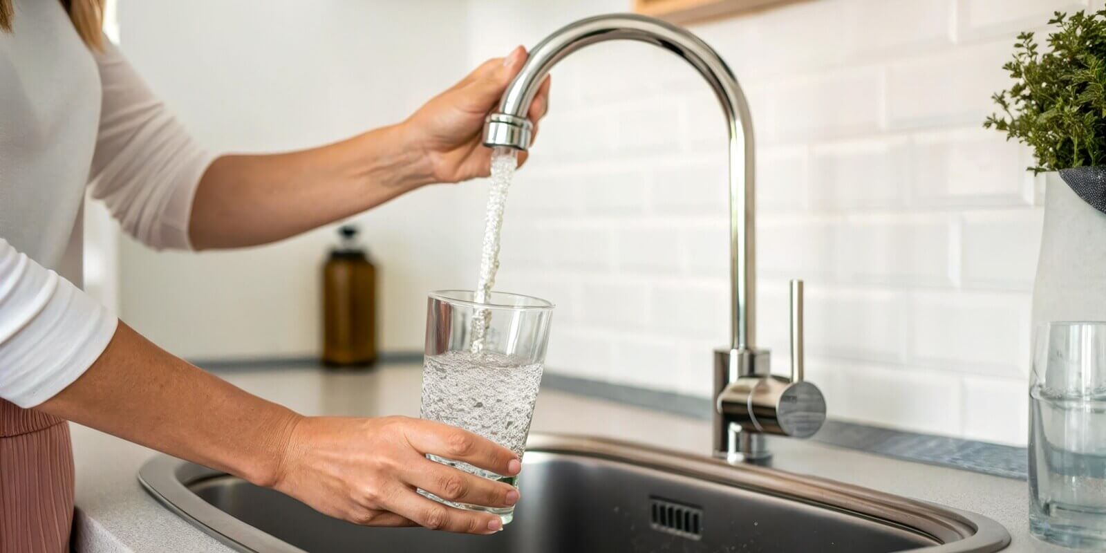 close-up of hand pouring clean water in kitchen