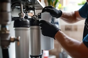 plumber installing a water filtration system in a home